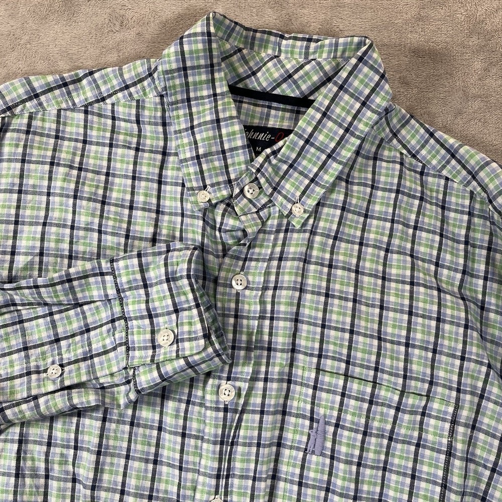 Johnnie-O Shirt Mens Coton Linen Blend Size M Plaid Button Down Long Sleeve